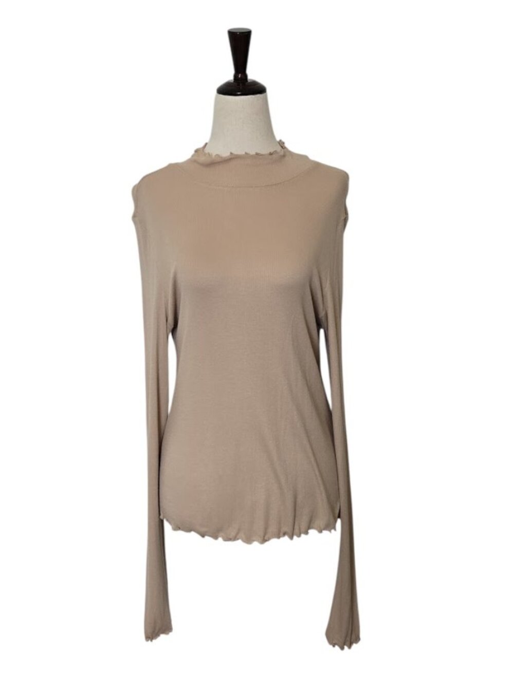 ABOUND Women's XL Taupe Ribbed Mock Neck Lettuce Trim Long Sleeve Top